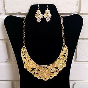 Macy's Gold Floral Statement Necklace/Earrings.